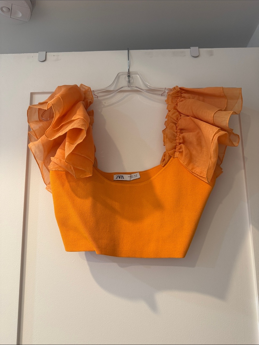 Zara Bright Orange Ruffled Sleeve Crop Top